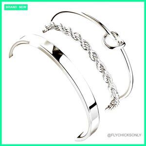 Sterling Silver Adjustable Bangle Cuff Set, 3-Piece Stackable Bracelets
